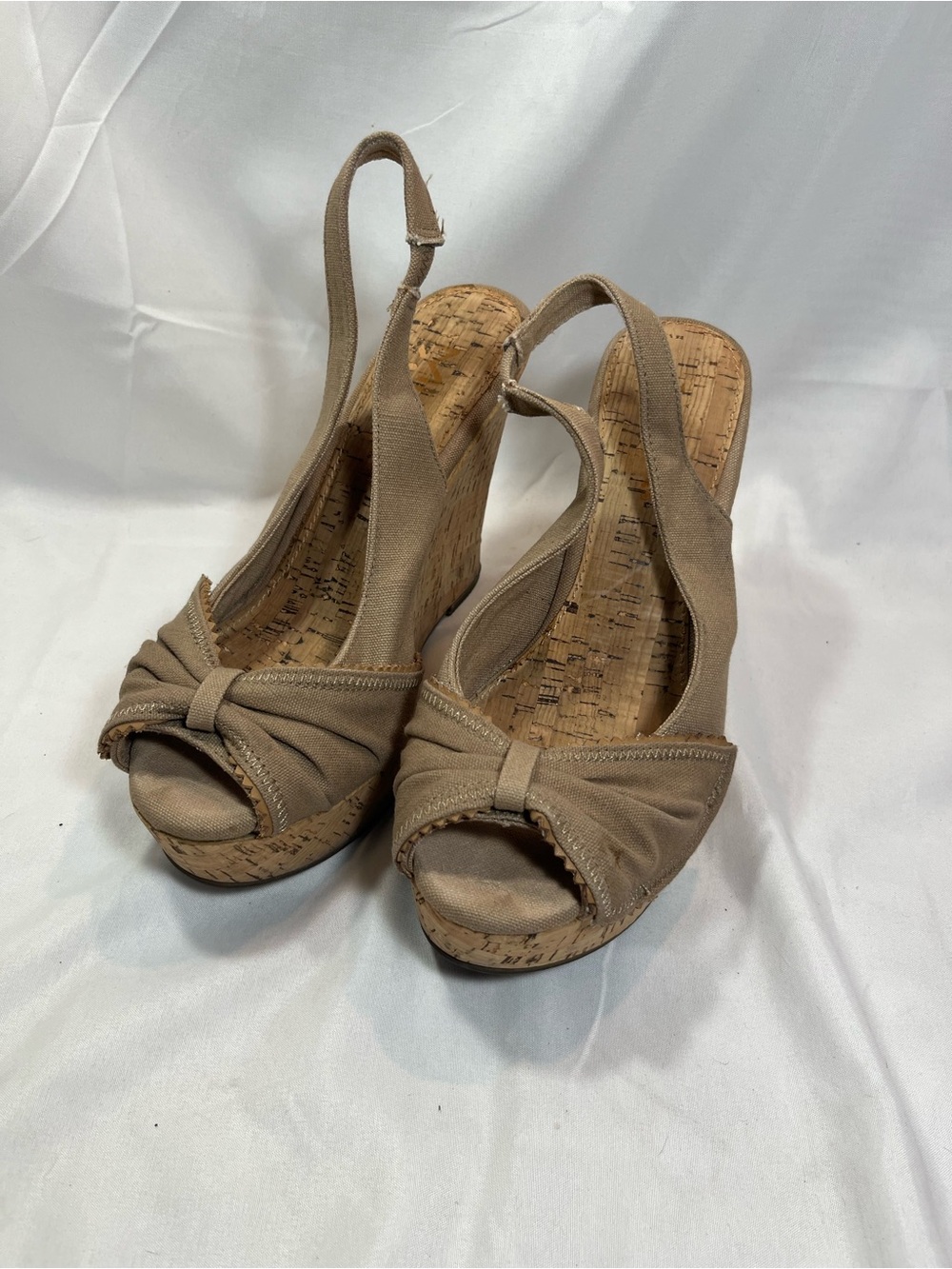 MIA Taupe Knotted Peep-Toe Cork Wedge Slingbacks